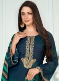 Navy Blue Muslin Embroidered Trendy Straight Suit - 3