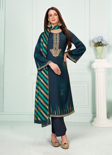 Navy Blue Muslin Embroidered Trendy Straight Suit