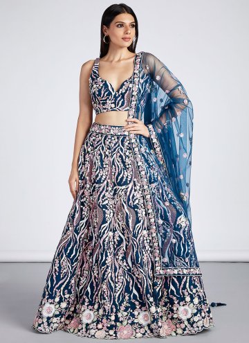 Navy Blue Net Embroidered A Line Lehenga Choli for Ceremonial