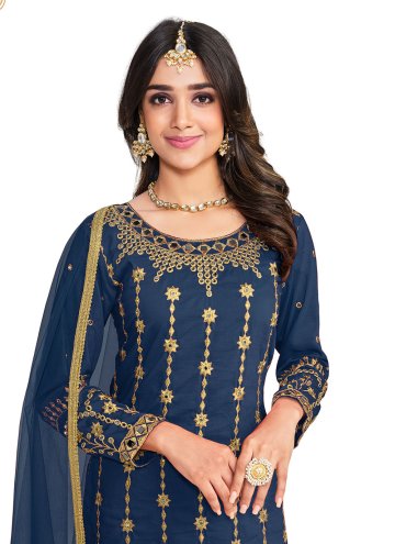 Navy Blue Pakistani Suit in Silk with Embroidered