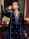 Navy Blue Pakistani Suit in Velvet with Embroidered - 1