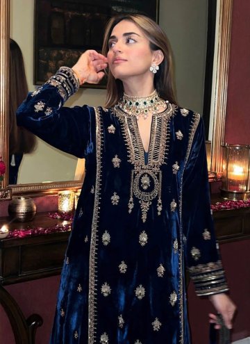 Navy Blue Pakistani Suit in Velvet with Embroidered