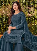 Navy Blue Palazzo Suit in Cotton  with Embroidered - 2