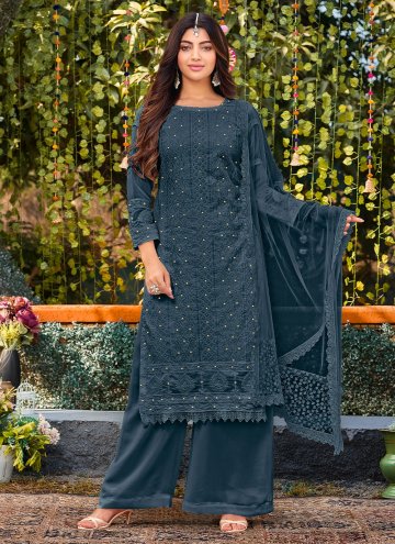 Navy Blue Palazzo Suit in Cotton  with Embroidered