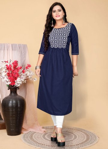 Navy Blue Party Wear Kurti in Cotton  with Embroid