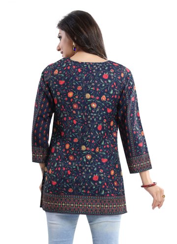 Navy Blue Party Wear Kurti in Faux Crepe with Print