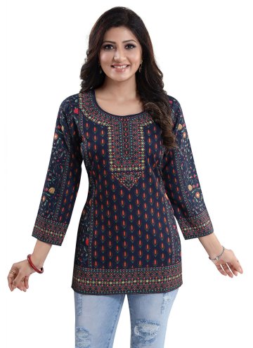 Navy Blue Party Wear Kurti in Faux Crepe with Prin