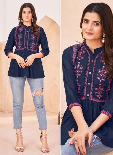 Navy Blue Rayon Embroidered Casual Kurti