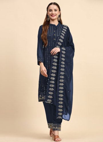 Navy Blue Salwar Suit in Faux Georgette with Embro