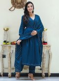 Navy Blue Salwar Suit in Silk with Embroidered - 2