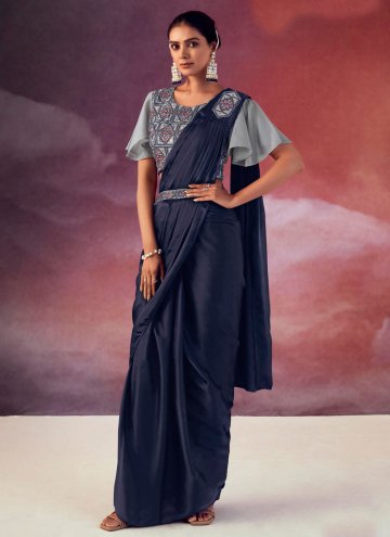 Navy Blue Silk Embroidered Classic Designer Saree