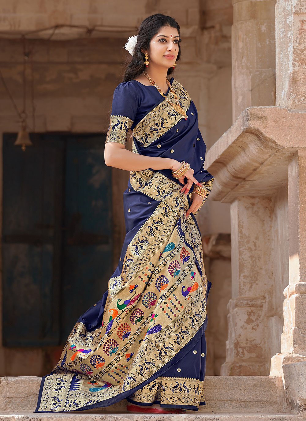 Navy Blue Silk Woven Classic Designer Saree for Ceremonial
