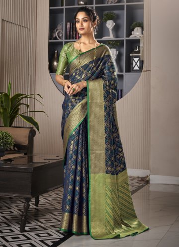 Navy Blue Traditional Saree in Handloom Silk with Woven