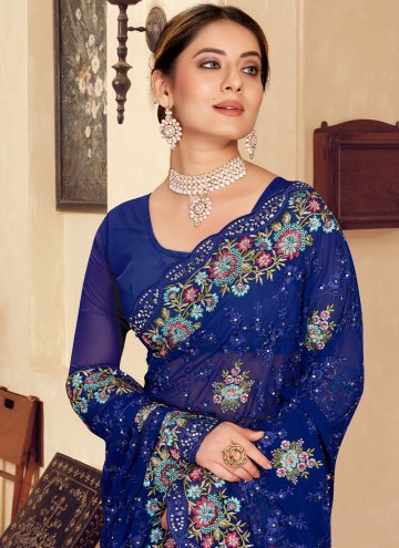 Navy Blue Trendy Saree in Georgette with Embroidered