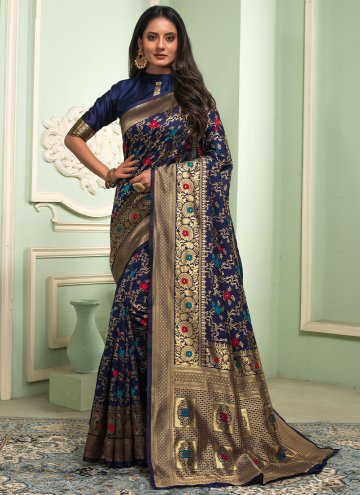 Navy Blue Trendy Saree in Silk with Woven