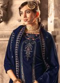 Navy Blue Velvet Embroidered Salwar Suit for Festival - 1