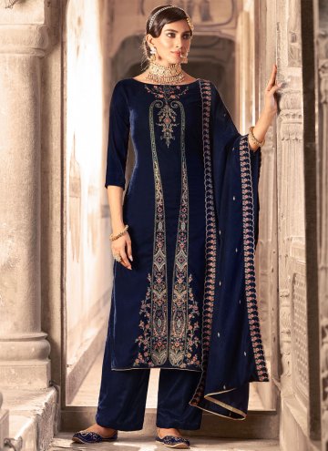 Navy Blue Velvet Embroidered Salwar Suit for Festi
