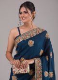 Navy Blue Vichitra Silk Thread Work Classic Designer Saree - 1