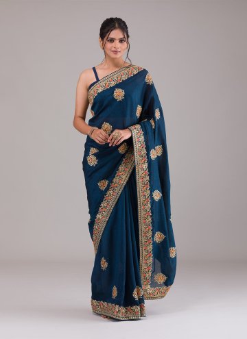 Navy Blue Vichitra Silk Thread Work Classic Designer Saree