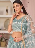 Net A Line Lehenga Choli in Blue Enhanced with Embroidered - 2