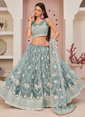 Net A Line Lehenga Choli in Blue Enhanced with Embroidered