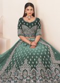 Net A Line Lehenga Choli in Green Enhanced with Embroidered - 3