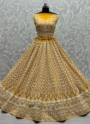 Net A Line Lehenga Choli in Mustard Enhanced with Embroidered