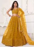 Net A Line Lehenga Choli in Mustard Enhanced with Embroidered - 2
