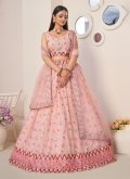 Net A Line Lehenga Choli in Pink Enhanced with Embroidered - 3