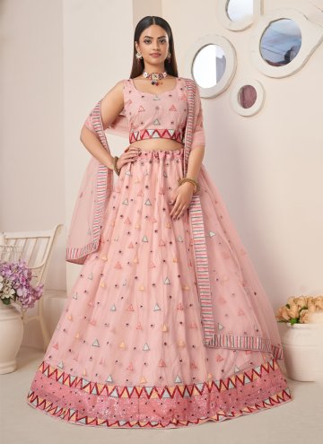 Net A Line Lehenga Choli in Pink Enhanced with Embroidered