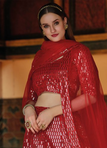 Net A Line Lehenga Choli in Red Enhanced with Embroidered