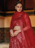 Net A Line Lehenga Choli in Red Enhanced with Embroidered - 2