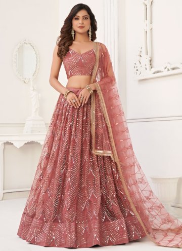 Net A Line Lehenga Choli in Rose Pink Enhanced with Embroidered