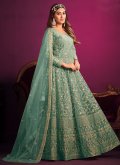 Net Anarkali Salwar Kameez in Green Enhanced with Embroidered - 3