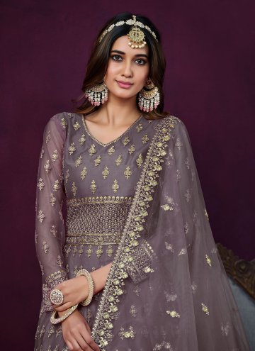 Net Anarkali Suit in Purple Enhanced with Embroidered