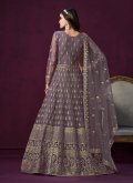 Net Anarkali Suit in Purple Enhanced with Embroidered - 2