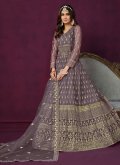 Net Anarkali Suit in Purple Enhanced with Embroidered - 3