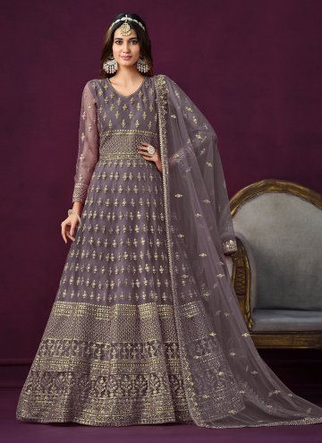 Net Anarkali Suit in Purple Enhanced with Embroide