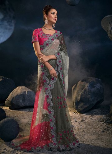 Net Classic Designer Saree in Grey Enhanced with Embroidered