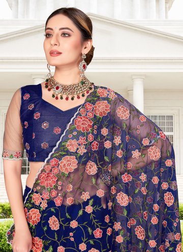 Net Classic Designer Saree in Navy Blue Enhanced with Embroidered