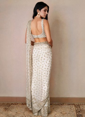 Net Classic Designer Saree in Off White Enhanced with Embroidered