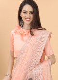 Net Classic Designer Saree in Peach Enhanced with Aari Work - 1