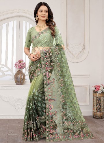 Net Classic Designer Saree in Sea Green Enhanced with Cord