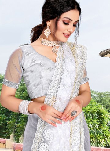 Net Classic Designer Saree in White Enhanced with Diamond Work