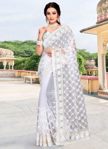 Net Classic Designer Saree in White Enhanced with Diamond Work