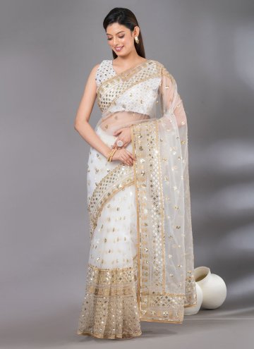Net Classic Designer Saree in White Enhanced with Embroidered