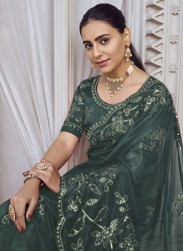 Net Contemporary Saree in Green Enhanced with Embroidered