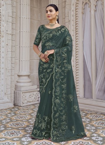 Net Contemporary Saree in Green Enhanced with Embroidered