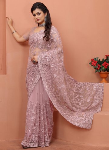 Net Contemporary Saree in Lavender Enhanced with Embroidered