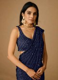 Net Contemporary Saree in Navy Blue Enhanced with Cord - 1